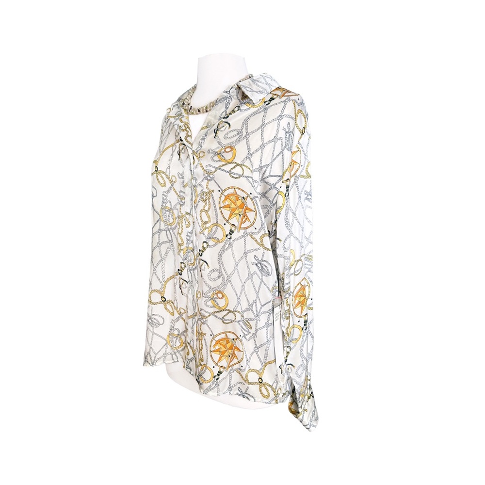 Halston Silk White and Gold Nautical Print Blouse Long Sleeves French Cuffs